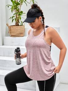 Velisys 2pcs/Set Plus Size Contrast Color Mesh Patchwork Sports Tank Top - Dusty Pink - View 3