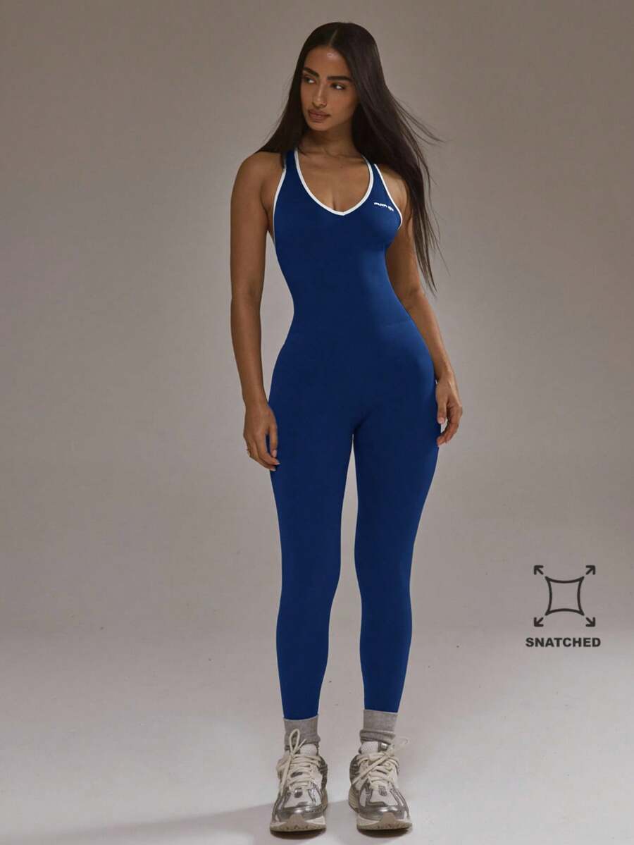 Musera Sport Bộ jumpsuit ôm sát cổ chữ V phối viền tương phản Padel, trang phục thể thao mùa đông, tập gym, tập luyện mùa hè - Xanh đậm - Xem 1