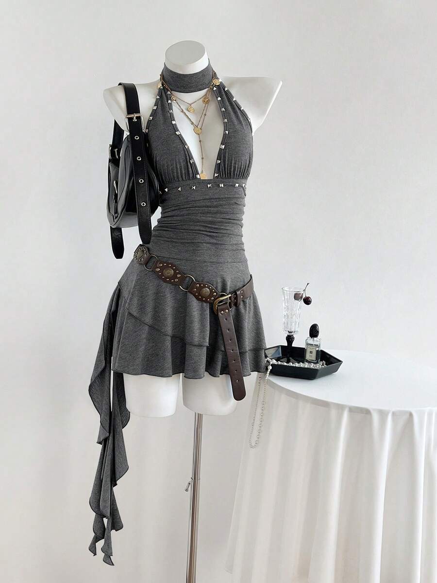 Elamini Sexy Retro Minimalist V-Neck Ruffle Hem Waist Cinched Dress For Women - Dark Grey - View 1