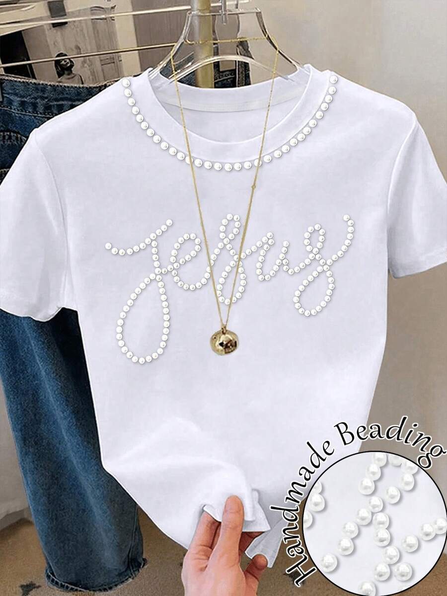 Resyla Áo thun nữ tay ngắn cổ tròn kiểu dáng thường ngày, đính hạt trang trí. - trắng - Xem 1