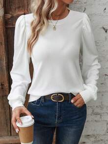 SHEIN Tall Áo thun tay phồng màu trơn đơn giản, đa năng cho mùa thu. - trắng - Xem 1