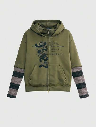 Grunge Punk هودي أمامي مفتوح بتصميم رقعي مطبوع بشعار كاجوال عتيق مهترئ