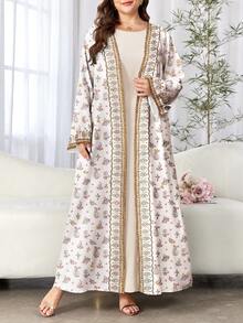 SHEIN Najma Women's Plus Size Retro Floral & Plant Faux Diamond Retro Print Long Sleeve Casual Arabic Abaya Cardigan Maxi Jacket, Spring/Autumn - Multicolor - View 1