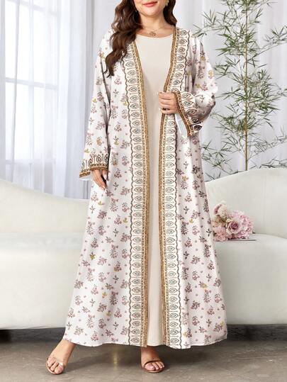 SHEIN Najma 女士加大码复古花卉植物仿钻印花长袖休闲阿拉伯长袍开衫外套，春秋季