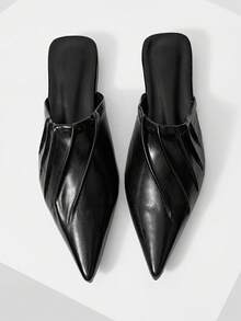 Mnmlis 黑色尖头褶皱穆勒鞋，漆皮无后跟粗跟穆勒鞋 - 黑色 - 查看 1