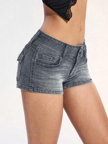 Jeanoix Women's Slant Pocket Button Skinny Stretch Denim Shorts - Light Grey - View 4