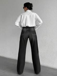 100%Cotton Solid Slant Pocket Casual Straight Leg Jeans - Dark Grey - View 2