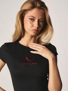 MISSGUIDED Women's Embroidered Chili Pepper Graphic Short Sleeve Baby Tee Sweet And Spicy Slogan Crop T-Shirt Casual Summer Top - Black - View 5