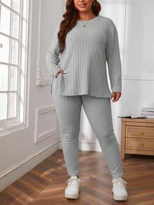 EURMUSE Plus Size Comfortable Knit Ribbed 2 Pieces Set - Light Grey - View 4