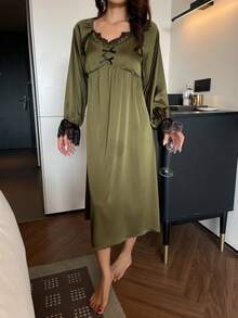 DAZY 迷人緞面對比色蕾絲拼接中長款女式睡裙睡衣 - 橄欖綠 - 查看 4