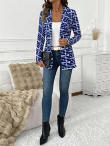 SHEIN Clasi 女士优雅格纹西装外套，百搭日常长袖西装外套，经典格纹通勤外套，秋季必备 - 藏蓝色 - 查看 3