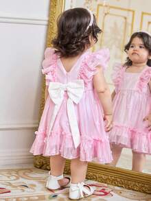 SHEIN Baby Girl Elegant Pink Tulle Dress 2pcs Set,Summer Cute Flower Girl Ruffle Round Neck V-Back Bowknot Decor Toddler Girls Vintage Style Pink Dresses - Pink - View 2