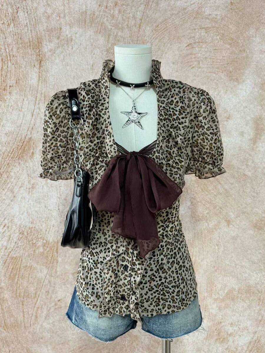 Glimmora Leopard Print Tie Front Puff Sleeve Shirt - Multicolor - View 1