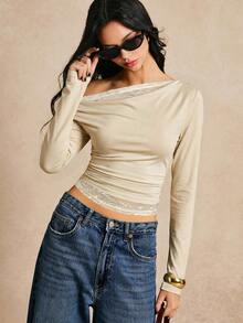 Poéselle Women's Casual Apricot Knitted Crop Top With Asymmetrical Neck Long Sleeves And Ruched Lace Details - Apricot - View 6