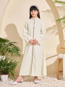 Tween Girl Mandarin Collar 3D Floral Decor Casual Minimalist Daily Wear Bell Sleeve Dress - White - View 3