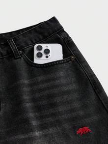 ESTAVOR 男士休闲日常通勤时尚街头百搭北极熊刺绣水洗宽松阔腿牛仔裤 - 黑色 - 查看 3