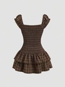 Sweetra 复古美式甜美学院风约会休闲学生音乐节束腰双层荷叶边A字棕色格子迷你连衣裙，春夏秋冬皆宜 - 咖啡棕 - 查看 2
