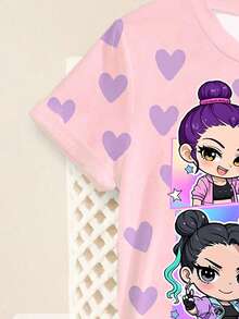 1pc Cute & Cool Kpop Girl Graphic Colorblock Short Sleeve Top, Loose Fit, Suitable For Spring, Summer, Autumn, Winter, Great Gift For Young Girls - Pink - View 5