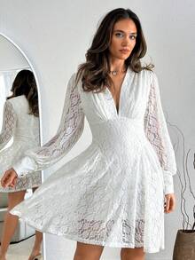 EURMUSE White Long Sleeve Lace Short Dress With Deep V-Neck And Cuffed Sleeves - White - View 4