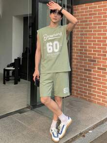 DAZY Green Letter Print Tank Top And Shorts Set For Men, Spring/Summer - Green - View 3