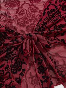 ROMWE Fairycore 大码女式花卉植绒打结喇叭袖短款时尚上衣 - 酒紅色 - 查看 3