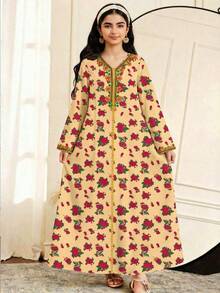 Girls Multicolor Fabric Long Sleeve V Neck Dress With Botanical Pattern - Multicolor - View 1