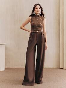 Anewsta Áo tank top nữ không tay cổ cao màu nâu, khoét ren. - màu nâu - Xem 5