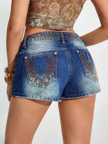 Jeanoix Women's Summer Casual Low Waist Embroidered Denim Shorts - Blue - View 2