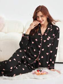 Bonmuse 2 件套女士心形印花睡衣套装，长袖纽扣领上衣和长裤，休闲睡衣家居服，适合秋冬，秋季服装 - 黑色 - 查看 1
