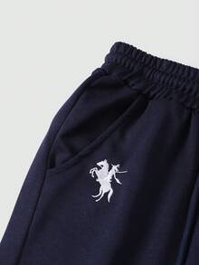 SHEIN Explorewe 少女休闲运动裤，简约logo图案撞色口袋装饰连帽针织慢跑裤，宽松阔腿长裤，秋冬款 - 寶藍色 - 查看 6