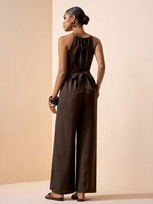 Zivah 2026 Spring/Summer New Music Festival, Easter, St. Patrick's Day, Valentine's Day, Date, Western, Nomadic, Birthday Party, Graduation, College, Student, Daily Casual, Basic Versatile, Leisure, Vacation, Cruise Travel, Beach, Sunbathing, Viral , Streetwear, Wedding Guest Boho, Commute, Brunch, Airport, Party, Holiday Outing, Office Wear, Halter Neck Ruched Criss-Cross Pocket Wide Leg Linen Brown Jumpsuit - Brown - View 2
