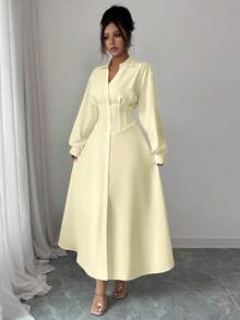 Modelyn Women's White Waist Cinched Shirt Collar Design Dress Solid Color Dress Long Sleeve Long Dress French Style Dress - Yellow - View 4