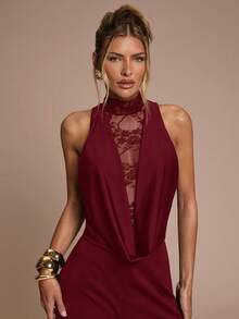 SHEIN BAE Bộ jumpsuit nữ màu trơn cổ khoét sâu phối ren tương phản thanh lịch - Màu Đỏ Sâu - Xem 5