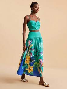 Travachic Women's Summer Casual Beach Vacation Pleated Cropped Camisole And Tropical Print High Waist Mini Skirt Set - Green - View 6