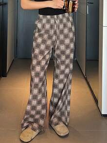 DAZY Women's Plaid Loose Elastic Waist Oblique Pocket Pajama Bottoms - Brown - View 8