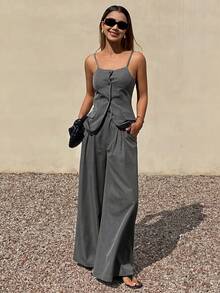 DAZY Women's Casual Denim Camisole Top And Wide Leg Pleated Straight Pants Set - Grey - View 6