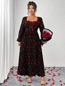 Elenzga Plus Size Black And Red Heart Print Dress,Elegant Square Neck Lantern Sleeve Pleated Autumn Wedding Outfits For Women,Valentine's Day Church Dress - Black - View 6