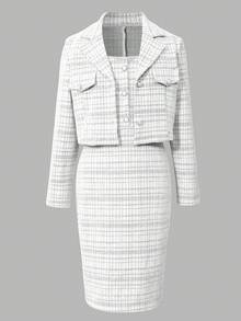 SHEIN 两件套女童优雅粗花呢短款西装外套+无袖修身连衣裙套装，春秋季时尚穿搭 - 黑與白 - 查看 3