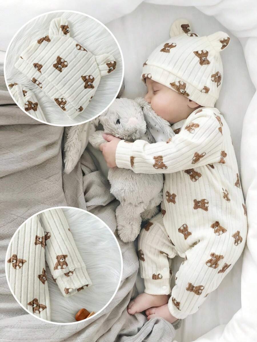 SHEIN 2pcs/Set Newborn Baby Boy Ribbed Fabric Bear Print Long Sleeve Romper With 3D Bear Ear Hat Set Baby Romper Baby Bear Outfit Neutral Baby Clothes Unisex Baby Boy Rompers - White - View 1
