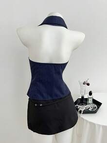 Elamini Vintage Striped Bow-Tie Collar Sleeveless Fitted Women Vest Jacket, Spring/Summer