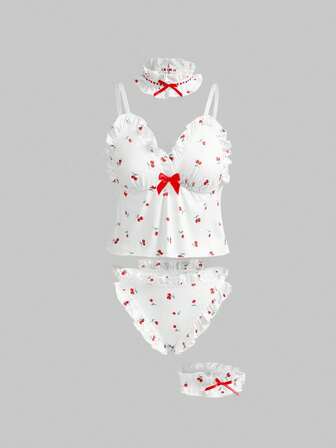 4pcs Kawaii Doll Style Sweet Valentine's Day Cute Bow, Cherry, Organza Jacquard Sexy Lingerie Set