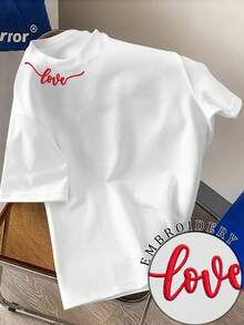 Claim Dot "LOVE" Red Embroidered Collar, Minimalist Elevated Casual Men Short Sleeve T-Shirt  Men Shirt  Girl Shirt , Men Gift Valentine's Day Gift Embroidered Love Shirt Tops For Women White Top  Summer Outfits For Women Tshirts For Women	  Mens Clothes  Shirts For Woman  White Shirt  Graphic Tees Women  Valentine Outfits For Women  Summer Tops  Valentine's Day - White - View 5