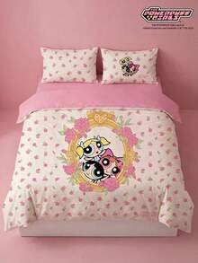 THE POWERPUFF GIRLS X Joivida 3件套粉色玫瑰卡通图案床上用品套装，乡村风格，适用于单人床/双人床/大床/特大床，宿舍/家居礼品之选 - 粉色 - 查看 3