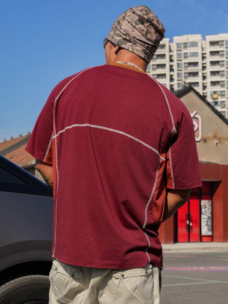 Men's Summer Patchwork Contrast Color Letter Print Decorative Stitching Round Neck T-Shirt