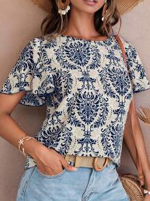 SHEIN VCAY Plus Allover Print Butterfly Sleeve Summer Boho Blouse - Multicolor - View 4