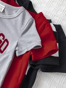 SHEIN 4pcs/Set Unisex Baby Boy/Girl Casual Letter & Stripe Print Short Sleeve T-Shirt Knit Top Outfit Set, Spring/Summer Baby Boy Clothes - Multicolor - View 6