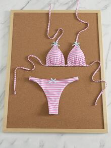 Swim Mod 2pcs Striped Bow Micro Triangle Bikini Set, Sweet & Cute For Women, Beach & Holiday, Spring/Summer - Pink - View 11