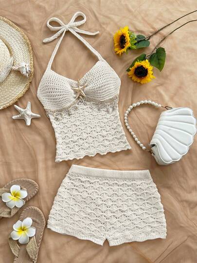 Soleia Stickad väst med sjöstjärnsdekor och stickade shorts för kvinnor, moderiktigt resort-partyset