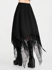 Breakform Chân váy dài dáng suông phong cách Gothic cổ điển dành cho nữ, eo chun, chất liệu chiffon phối ren tương phản, vạt váy bất đối xứng đôi, lót vải dệt. - màu đen - Xem 2