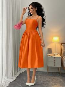 Rafferiza Women's Elegant Burnt Orange Midi Dress,Summer Plain Solid Color Spaghetti Strap Flared Hem Chic Strapless Sundress For Date - Orange Ignite - View 4